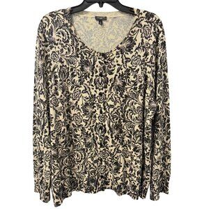 Talbots Womens Floral Print V-Neck Long Sleeve Sweater Sz 3X Black Cream